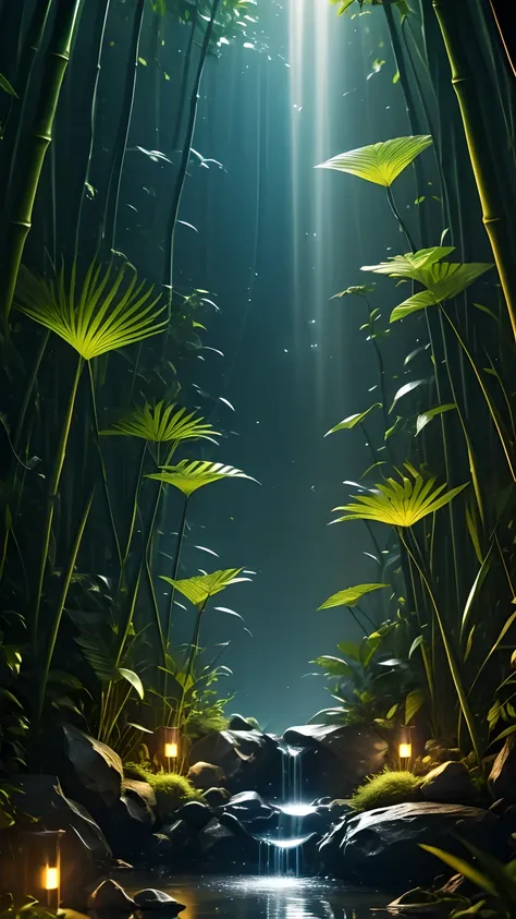 Bamboo forest in the dark night, Delicate and sharp, film production, Soft interior lighting, Many small fireflies flying, Holographic Flash, Vibrant colors, Fantastic rainbow reflection, Metallic luster, The balance between pitch-black darkness and shiny ...