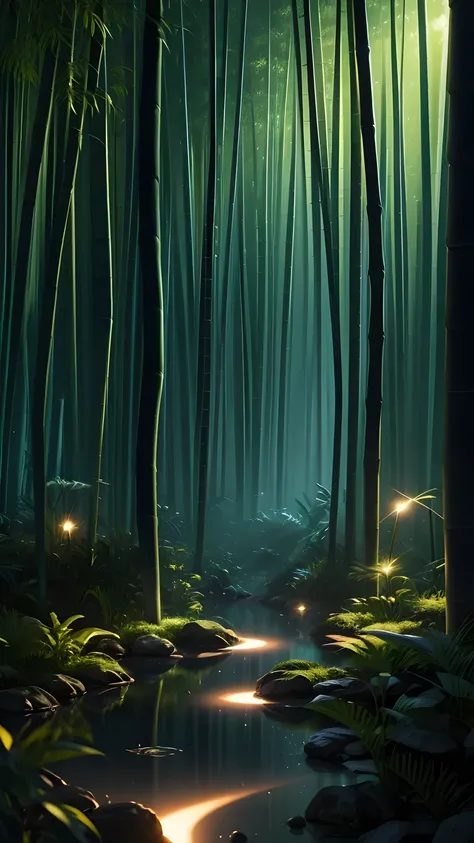 Bamboo forest in the dark night, Delicate and sharp, film production, Soft interior lighting, Many small fireflies flying, Holographic Flash, Vibrant colors, Fantastic rainbow reflection, Metallic luster, The balance between pitch-black darkness and shiny ...