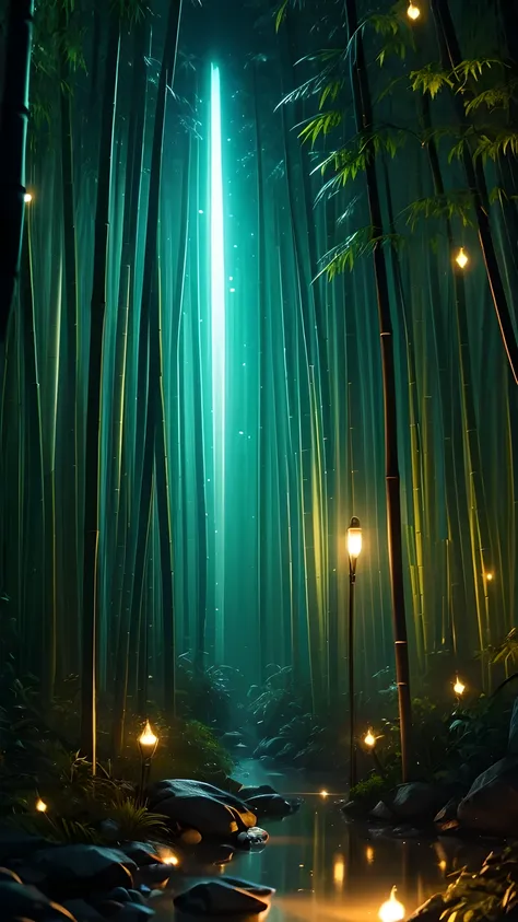 Bamboo forest in the dark night, Delicate and sharp, film production, Soft interior lighting, Many small fireflies flying, Holographic Flash, Vibrant colors, Fantastic rainbow reflection, Metallic luster, The balance between pitch-black darkness and shiny ...