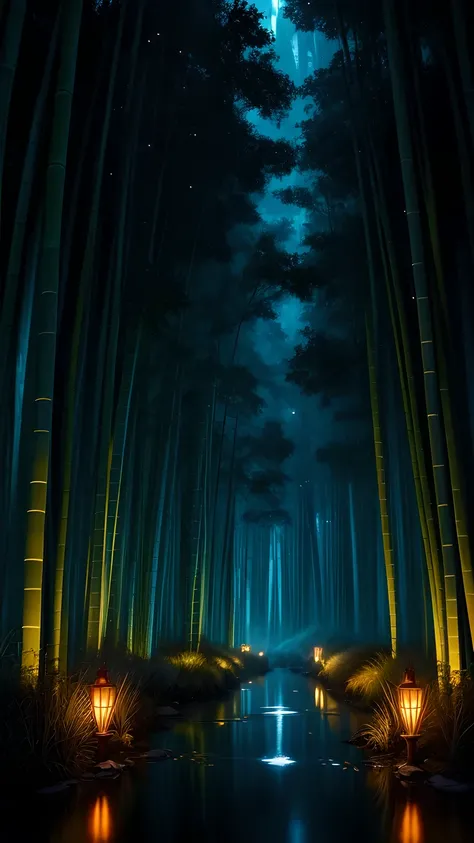 Bamboo forest in the dark night, Delicate and sharp, film production, Soft interior lighting, Many small fireflies flying, Holographic Flash, Vibrant colors, Fantastic rainbow reflection, Metallic luster, The balance between pitch-black darkness and shiny ...