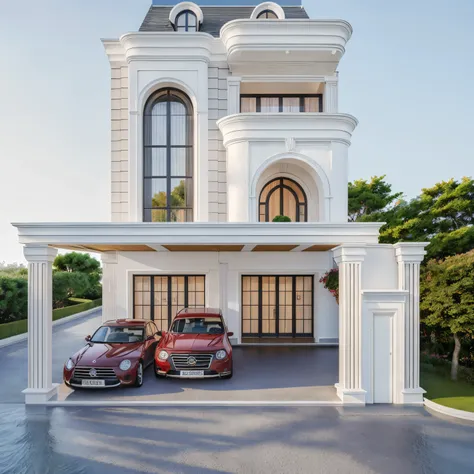 PLATEFORME KTHOUSE, Beaucoup de belles fleurs rouges le long de la route:1.3, Romantique, 1 maison de style néoclassique, La maison de ville est faite de murs blancs, Belle lumière, journée de beauté, ensoleillé, Beaucoup de bougainvilliers rouges le long ...
