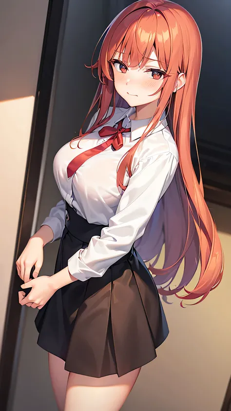 Redhead, working uniform, office background, anime background, extremely detailed hands, light brown eyes, slim, good attributes, long hair, heart ribbon on head, black skirt, ((white shirt)), faint blush, holding folders, exposed thighs, (((faint smile)))...