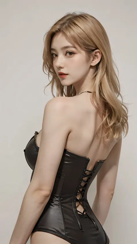 1girl, solo, looking at viewer, blonde long hair, wearing a corset, big ass, brown eyes, upper body, grey background, normal tits, lips, realistic, .