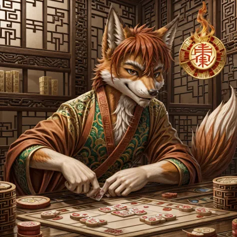 a red-haired fiery fox, playing mahjong.
a sly expression on his face.
he's winning.
in the style of chinese folk illustrations ...