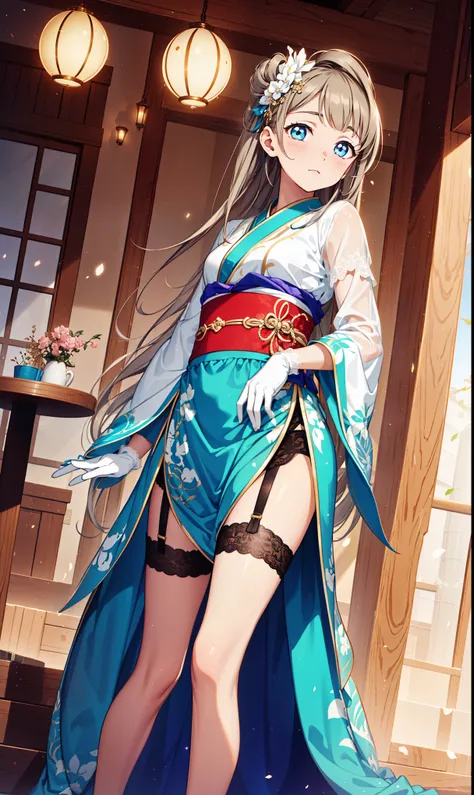 Top quality,best quality,Saint Elegant Charm,happiness,Gentle expression,in love,(Transparent colored Hanfu,Exquisite and gorgeous design),Black Gloves,Silver Hair,blue eyes,See through transparent clothes,Exquisite hair accessories,Transparent lace,Engrav...