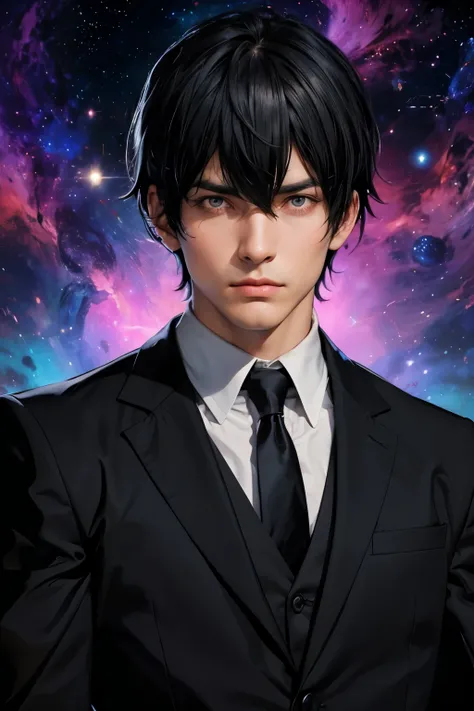 A handsome man. Black hair. He has his bangs down. Late twenties. He is looking at the camera with a serious expression. He is wearing a black business suit. An image of outer space and four-dimensional space-time in the space behind him.