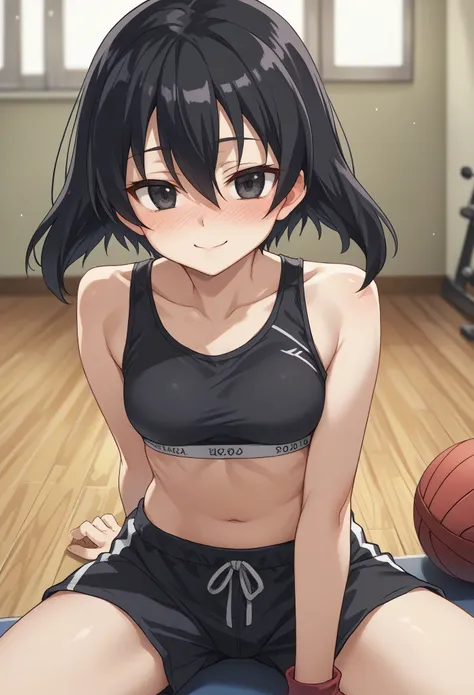 kurome, short hair, black hair, black eyes, hair between eyes, sport bra, shorts, on the gym, seductive smile, ear blush, full b...