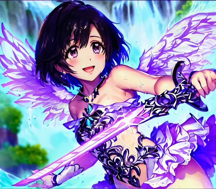 shiragiku hotaru angel smile black_short_hair purple_eyes white_wing white_leotard grabbing_sword collarbone small_breasts