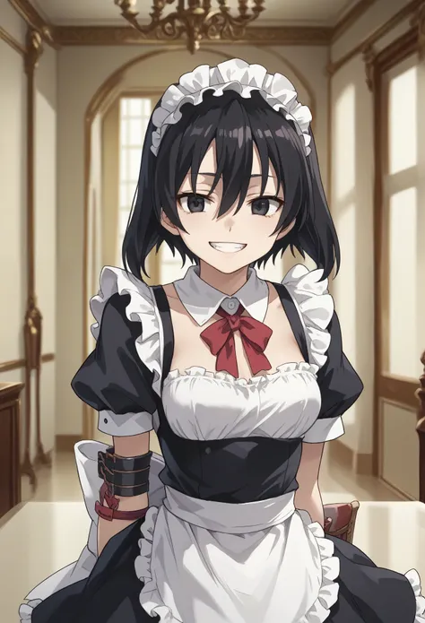 kurome, short hair, black hair, black eyes, hair between eyes, maid headdress,maid outfit, ribbon, evil smile, grin, light smile