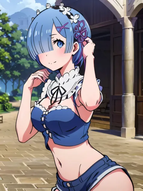 all realistic intricate details, cowboy shot, masterpiece, best quality, highres, rem1, 1girl, solo, rem (re:zero), blue hair, short hair, red eyes, hair over one eye, ribbon trim, hair ribbon, x hair ornament, frills, crop top white, denim shorts,medium b...