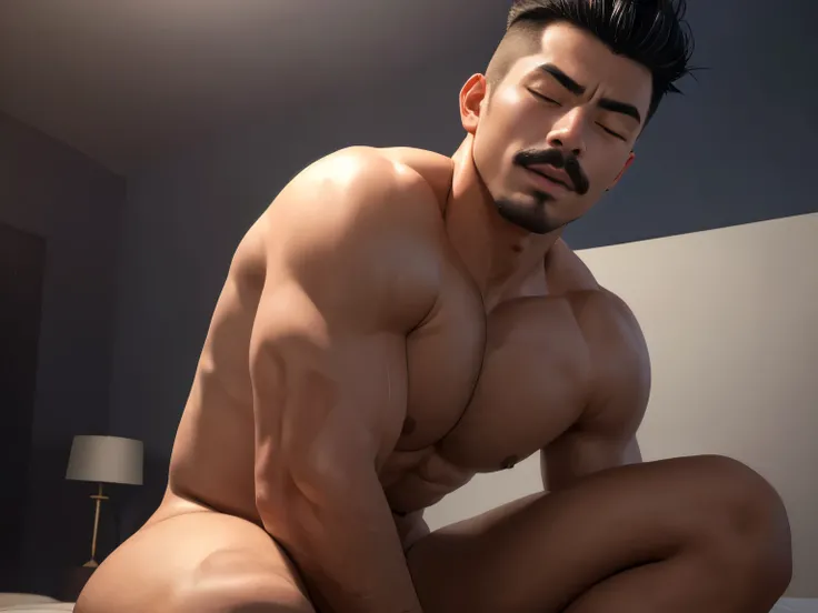 (Highest quality:1.5), (masterpiece:1.5), (8k:1.5), 1 man, (Dark bedroom:1.1), 30 years old, Macho, (Asian people:1.1), (Completely naked:1.2), black spike hair, Short moustache, (Eyes closed and mouth open:1.2), sitting on the edge of the bed, (shoot from...