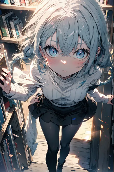 Roxymigurdia, Roxy, Ahoge, Black Ribbon, blue eyes, Blue Hair, Braiding, Hair between the eyes, Hair Ribbon, Long Hair, twin Braidings, very Long Hair, Blue one-shoulder sweater,mini skirt,black tights,short boots,Book with both arms Holding a spell book,G...