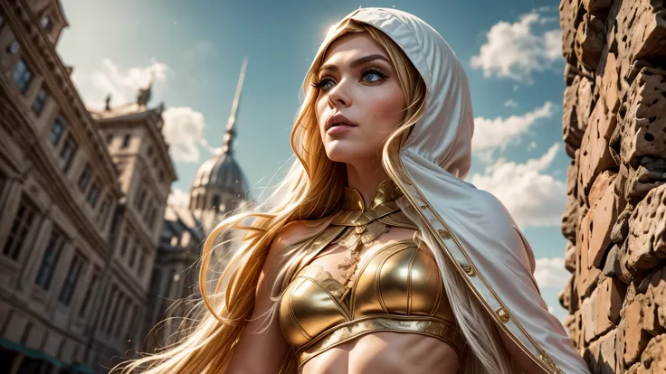 A full-body shot of Princess Zelda, brown hair, blue eyes, dressed as an Assassin from Assassins Creed, in white+gold witha white mask and hood with gold details, XL bust, using a wrist blade. Background: A city during the renaissance period. Unreal Engine...