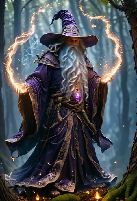(full-body illustration of an ancient wizard:1.3), (sitting on a rustic, vine-covered throne made of twisted branches and gnarled wood:1.2), (long flowing white beard:1.3), (dark weathered purple robe intricately detailed with arcane symbols:1.3), (pointed...