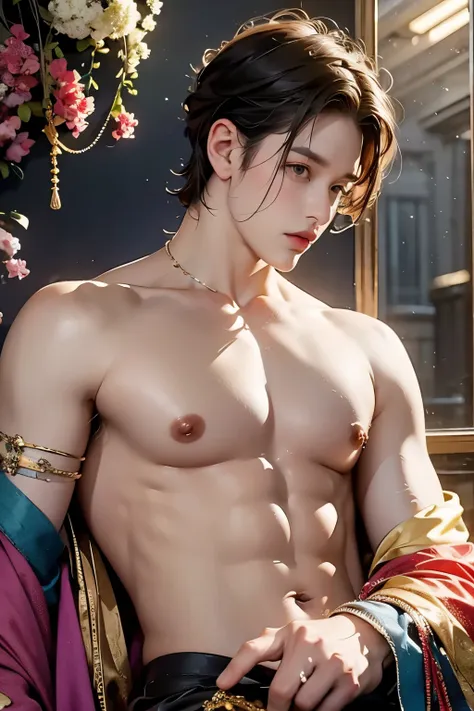 a totally absurd fantasy portrait of an amazing boy, bare torso robe of bright flowers ,excellent arm and chest muscles ,silky s...