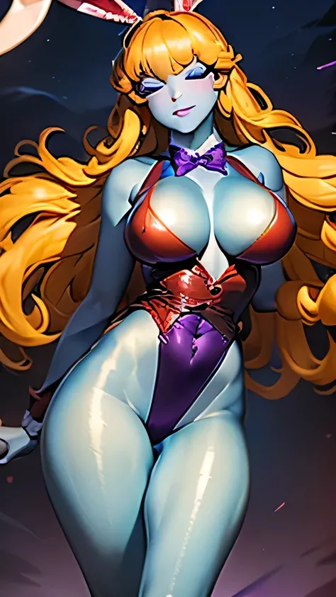  ((masterpiece,best quality,ultra-delicate,Perfect Face,16k,high resolution,very beautiful woman)),(blue skin:1.2,red sleeveless jacket), purple panties,bunny ears,large breasts,purple bowtie,gold long hair,smile,standing,seductive pose