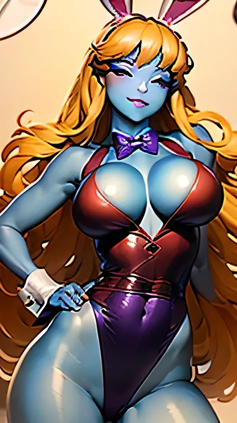  ((masterpiece,best quality,ultra-delicate,Perfect Face,16k,high resolution,very beautiful woman)),(blue skin:1.2,red sleeveless jacket), purple panties,bunny ears,large breasts,purple bowtie,gold long hair,smile,standing,seductive pose