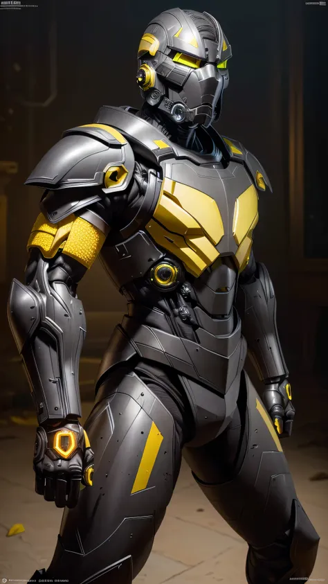 zxcrx, cyborg ninja, sleek (dark grey and black armour:1.5), various mechanical components, face is covered by a helmet with a (glowing yellow visor:1.3), equipped with powerful guns, missile launchers, retractable blades, (insanely detailed, beautiful det...