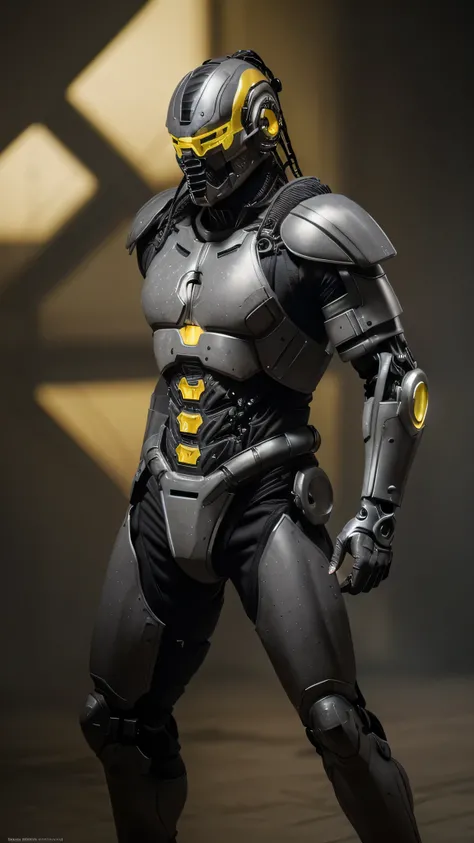 zxcrx, cyborg ninja, sleek (dark grey and black armour:1.5), various mechanical components, face is covered by a helmet with a (glowing yellow visor:1.3), equipped with powerful guns, missile launchers, retractable blades, (insanely detailed, beautiful det...