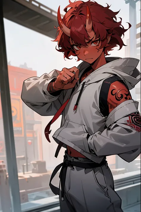 oni horns, red skin, hazel eyes, curly hair, medium length hair, rose eyes, tattoos on body, young male, serious expression, street background, hoodie, grey pants, grey karate belt,