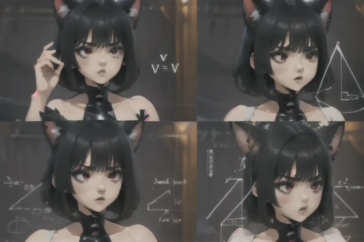 Highly detailed, High Quality, Masterpiece, beautiful, 1girl junkotvv, black hair, red eyes, cat ears, MathLadyMeme,  Black_outfit,  