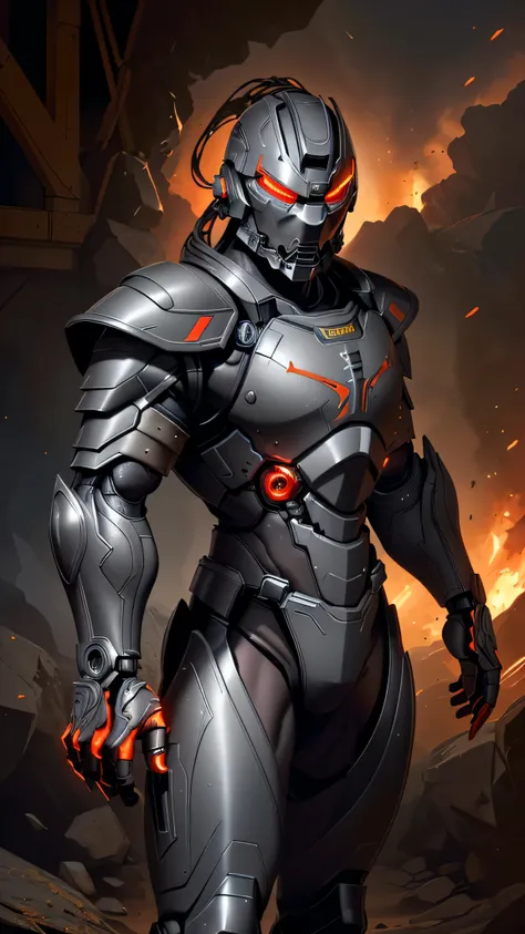 zxcrx, cyborg ninja, sleek (dark grey and black armour:1.5), various mechanical components, face is covered by a helmet with a (glowing red visor:1.3), equipped with powerful guns, missile launchers, retractable blades, (insanely detailed, beautiful detail...