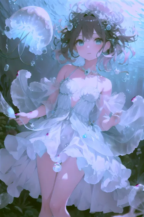 Underwater mysterious world, Magic world, glowing little jellyfish, Small fish, a girl in a transparent dress holds a glowing ball of a pearl in her hands, many small bubbles