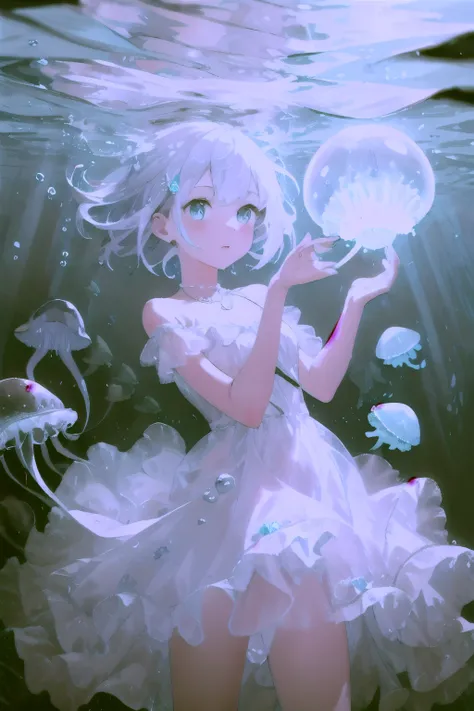 Underwater mysterious world, Magic world, glowing little jellyfish, Small fish, a girl in a transparent dress holds a glowing ball of a pearl in her hands, many small bubbles