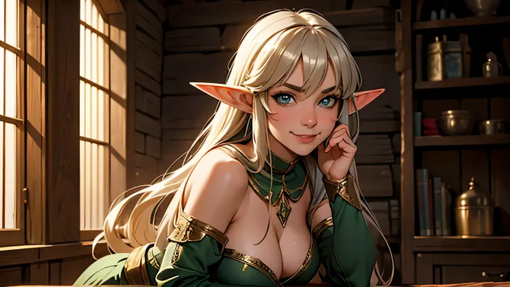 A sultry adult elf archer with long hair, clad in medieval attire, poses erotically in a dimly lit medieval room, her mouth slightly open in a playful smile, gazing at the viewer.