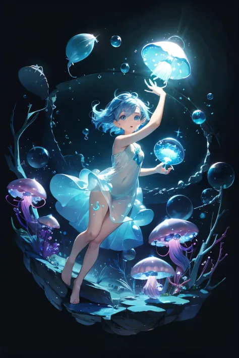 Underwater mysterious world, Magic world, glowing little jellyfish, Small fish, a girl in a transparent dress holds a glowing ball of a pearl in her hands, many small bubbles