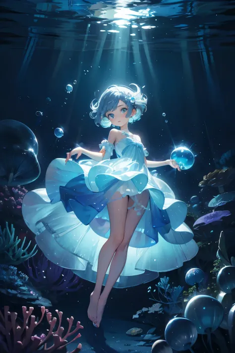 Underwater mysterious world, Magic world, glowing little jellyfish, Small fish, a girl in a transparent dress holds a glowing ball of a pearl in her hands, many small bubbles