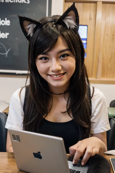 laptop, school girl, cat ear, youtuber, smile