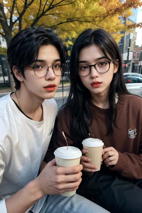 Image of two boys having coffee in autumn, the girl with long black hair, white skin and red lips. The dark skinned boy, black hair and glasses, a little fat.