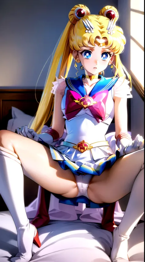 ((((Angle view from under the skirt, ))),masterpiece, Highest quality, (1 person), (Sailor Moon R),(Super Sailor Moon Uniform), (Blonde), (Red long boots), (Detailed face), Small breasts,Face Focus, White wall, (bed), Bright room, Very embarrassed look, Wh...