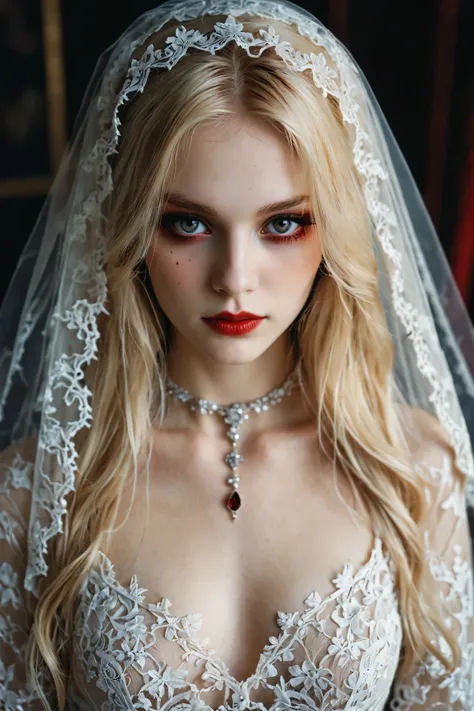 vampire bride,film photography aesthetic,the delicate texture of lace veil gently obscuring her face,long blonde hair,looking at viewer,eye eye contact,sapphire red eyes,choker,devil smile,dynamic composition,skin texture,from above,close-up,sharp focus,ho...