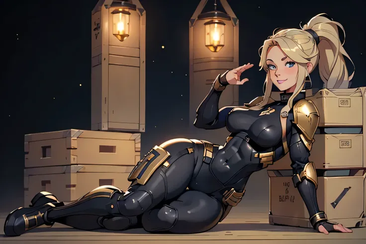 a young blonde girl, beautiful detailed eyes, beautiful detailed lips, extremely detailed face, long eyelashes, girl in black space armor with gold accents, ,sitting on a ammo crate , PIN Up pose,beautiful blue eyes, detailed muscular body, ponytail hairst...