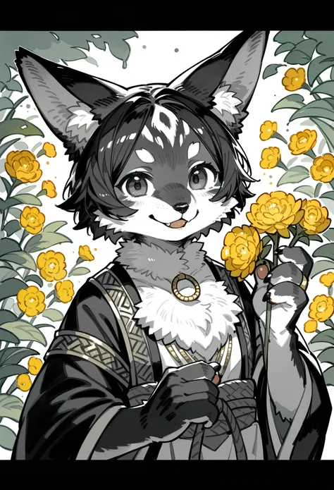 rating_safe, score_9, score_8_up, score_7_up, score_6_up, score_5_up, score_4_up, hires, source_furry, cover_page(furry art, uploaded on e621)monochrome, watercolor, 1girl, kemono, furry, detailed body fur, animal face, animal hand, Archaic Smile, holding ...