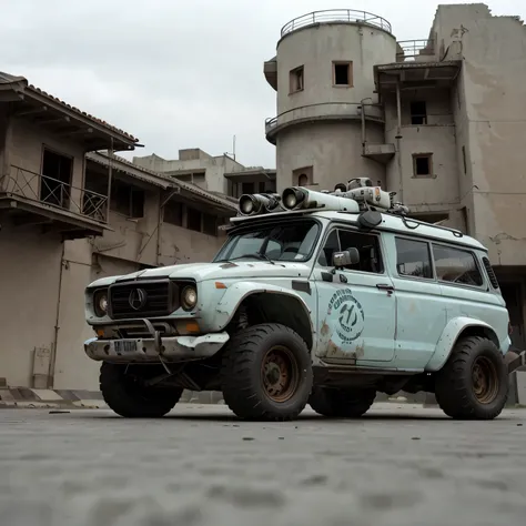 GoPro Shot From One (Cyberpunk vintage Mercedes van), 3/4 Vista Frontal, Wide-angle action shots, Post-apocalyptic, 屋outside, evening, path, destruction,  De-airing, outside, City wall in background, Master Parts, Realistic, 8k, Attention to detail, Dark T...