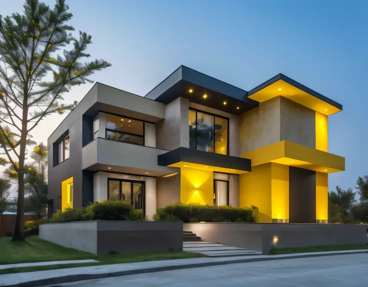1 morden house, coffee space:1.4, main material by yellow wall and wood, large yard, (((yellow wall))), 1 road runs in front of the house, (RAW photo, real, best quality, masterpiece:1.2), look modern minimalist, 1 road in front of the house, shime ring l...