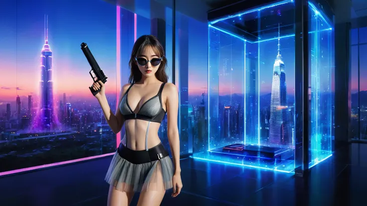 Futuristic cityscapes with colorful all-glass towering skyscrapers, flying vehicle, (futuristic teleporter). High-resolution OLED GUI interfaces in the building, The windows are filled with transparent data visualization infographics that show it all, from...