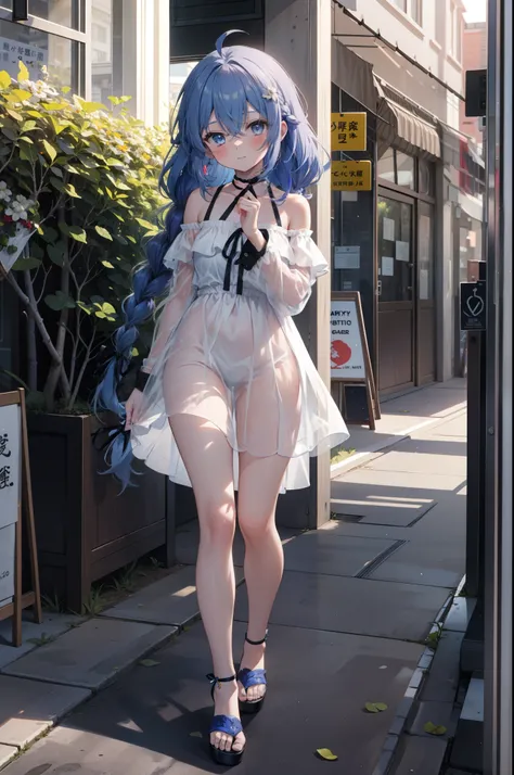 Roxymigurdia, Roxy, Ahoge, Black Ribbon, blue eyes, Blue Hair, Braiding, Hair between the eyes, Hair Ribbon, Long Hair, twin Braidings, very Long Hair, smile,blush,Open your mouth,Blue off-shoulder dress,mini skirt,Cute heeled sandals,True Summer,Daytime,C...