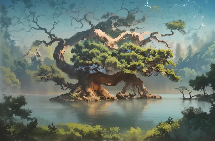 Drawing of an old tree，Tree roots in the lake，Sky in the background, Ancient Treess, author：Li Huayi, author：Shut up Dean, author：Toriyama Stone Garden, author：Luigi, Ancient Trees, Floating Tree,  author：Sim Sa-jeong, Inspired by Wang Ximeng