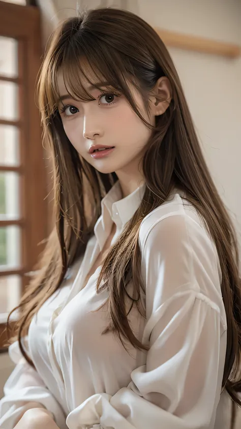 Ultra-high resolution, Superior Quality, Highest quality, Very detailed, Realistic, 8k, RAW Photos, Highest quality, masterpiece, Charm, wonderful, Brown hair semi-long hair, Asymmetrical bangs, Japanese Idols, Sophisticated, stylish, Stylish sheer shirt c...