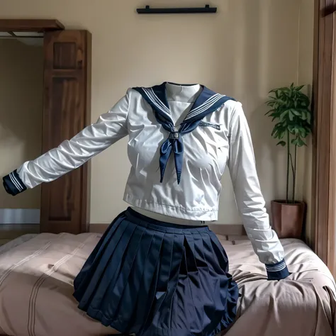 (invisible, no humans:1.5, headless:1.5, handless, legless), grey skirt, long sleeves, neck ribbon, red ribbon, ribbon, sailor collar, school uniform, skirt, white sailor collar, (cute big breast), on bed, black tights, 
(8k, RAW photo, best quality, maste...