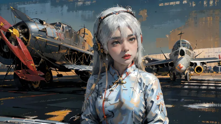 night，Oil painting style，A girl on the back，White hair，(Aviation Museum:1.6),(Upper Body:1.6),(American comic book style:1.2),(fat face:1),(red cheongsam:1.4),(earphone:1.3),(Very serious expression)