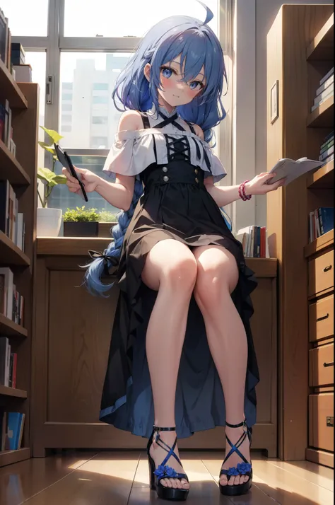 Roxymigurdia, Roxy, Ahoge, Black Ribbon, blue eyes, Blue Hair, Braiding, Hair between the eyes, Hair Ribbon, Long Hair, twin Braidings, very Long Hair, smile,blush,Open your mouth,Blue off-shoulder dress,Short sleeve,mini skirt,Cute heeled sandals,True Sum...