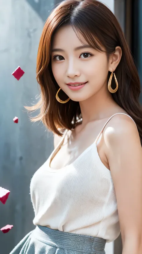 (Highest quality, Flying debris, Realistic photos, Very detailed, Ultra-high resolution, to be born:1.3), (1 female, Beautiful Japanese actresses, 2),  (A shy smile), Detailed face，Flashy makeup using red eyeshadow，Large ring earrings，Light blonde delicate...