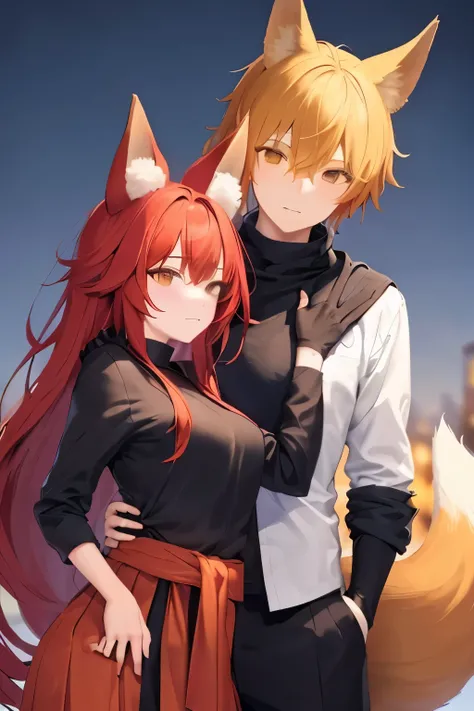 ((best qualityer)), ((work of art)), (detailded), 1 g One with long red hair, with fox ears and a fox tail with black and red clothes and a skirt with a guy with orange hair, fox ears and fox tail with brown cold weather clothes a blouse at the waist, Ther...