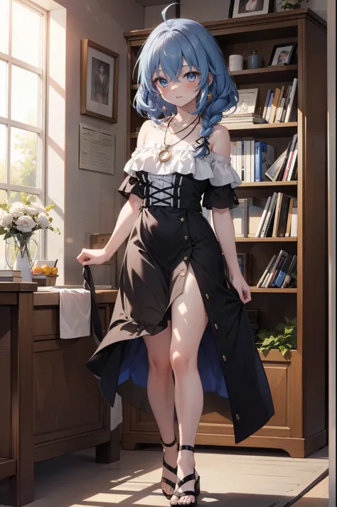 Roxymigurdia, Roxy, Ahoge, Black Ribbon, blue eyes, Blue Hair, Braiding, Hair between the eyes, Hair Ribbon, Long Hair, twin Braidings, very Long Hair, smile,blush,Open your mouth,Blue off-shoulder dress,bare clavicle,Bare neck,Bare shoulders,Rocket Pendan...