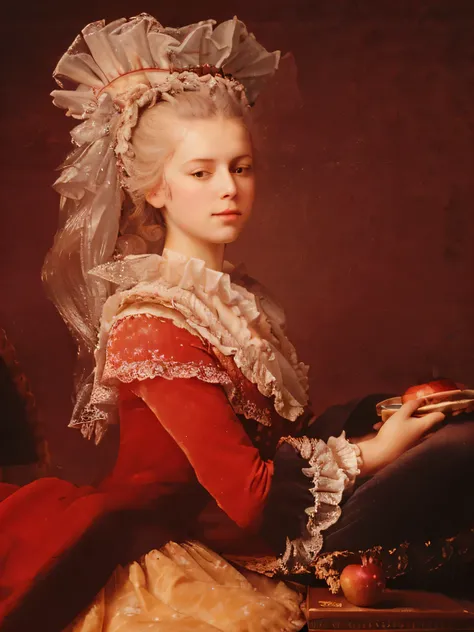 Marie Antoinette laying on cakes on the floor holding an apple